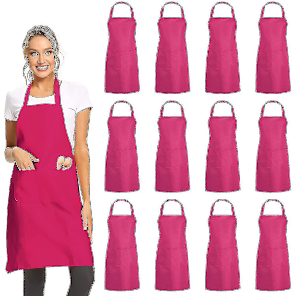 12 Pack Plain Bib Aprons With 2 Pockets - Pink Unisex Commercial Apron Bulk For Kitchen Cooking