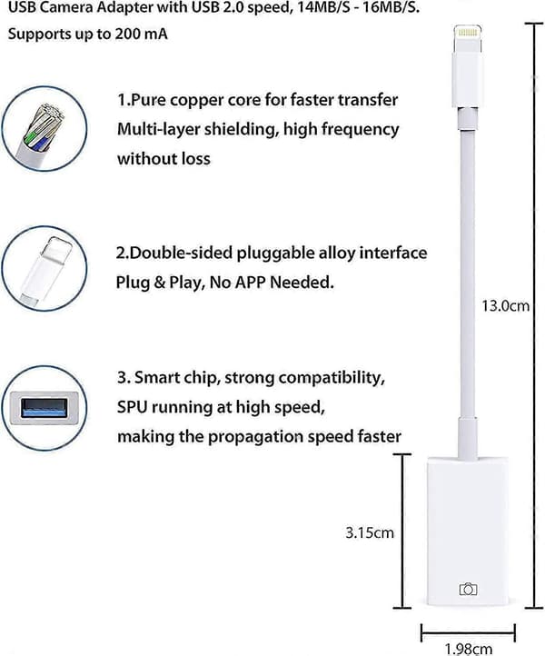 Til Kamera USB Hunn OTG-kontakt Adapterkabel For Apple iPhone eller Android