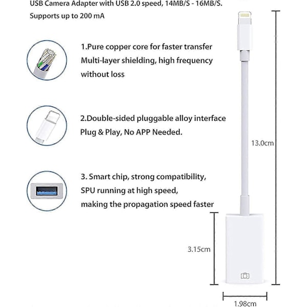 USB-kameraadapter OTG-kontaktkabel för Apple iPhone eller Android