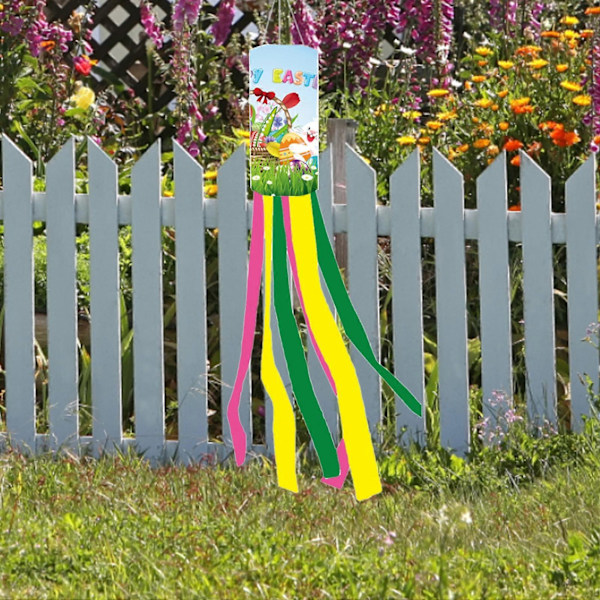 Vindstrømpe Flag Anti-blegning Nem at hænge Glad Påske Kanin Mønster Have Vindflag Hjem Decor