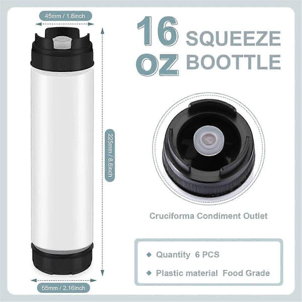 6 st 16 Oz Smaksättningsflaskor med Squeezekontroll, Inverterade Plastflaskor för Såser, Återfyllningsbar Spets, Stor