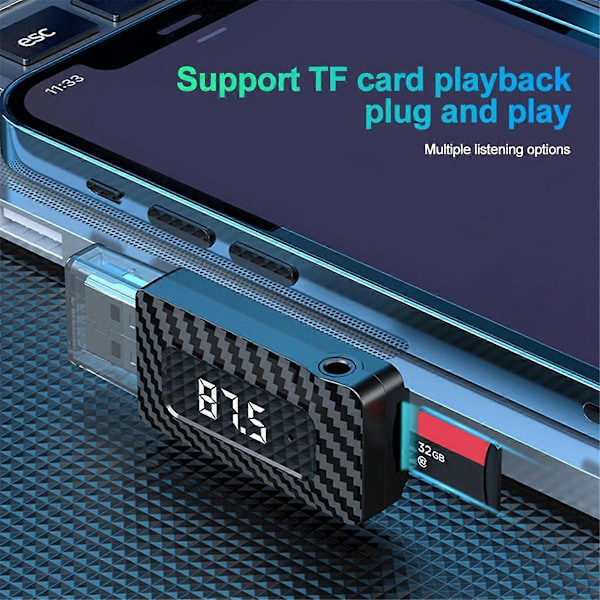 Bil Bluetooth 5.3 Transmitter Receiver med LED Display Håndfri Bilopkald Trådløs Audio til FM Radio Support TF Kort