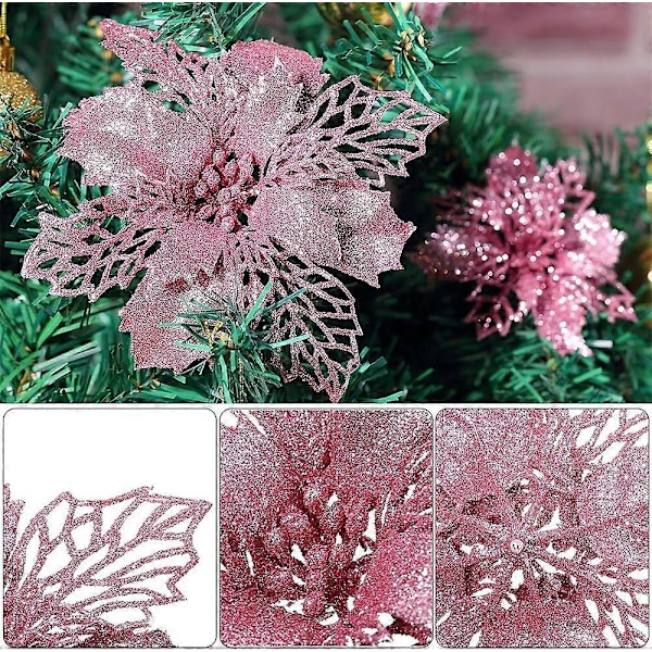 12 stk. Juleblomster Store (16 cm) Julestjerne Juleglitterblomst Kunstige blomster med clips til juletræ, Pink