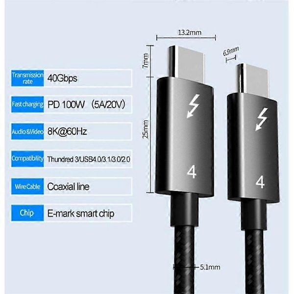 Thunderbolt 4 -kaapeli USB-C 8K 60Hz Sertifioitu 40 Gbps Nopea Nopeus PD100W Macbook Pro Acer USB 4 C42:lle