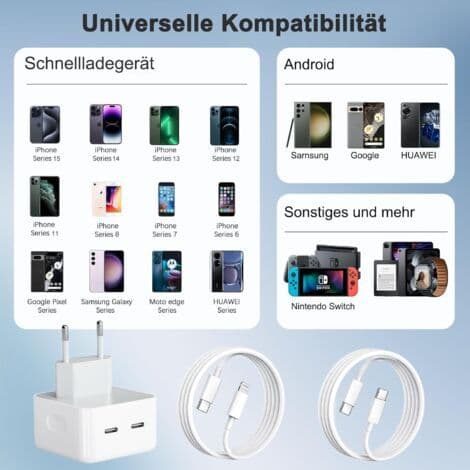 Dubbel USB-C-laddare för iPhone 15/14/13/12/11/X/Samsung/iPad