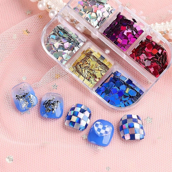2 stk. Firkantede Glitter Neglekunst Pailletter, Rektangulære Glitter Flager Design Til Piger Negledekorationer-