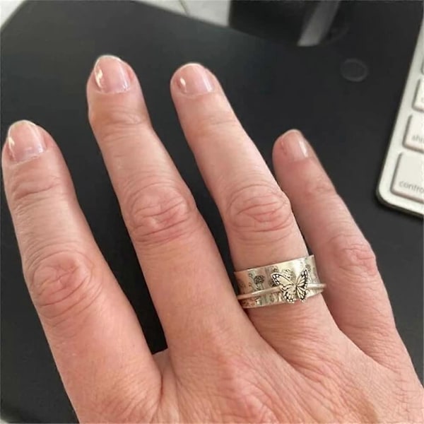 Perhonen Pyörivä Sormus Naisille Miehille Ahdistus Anti-Ahdistus Pyörittelysormus Ahdistukseen Hopea Vintage