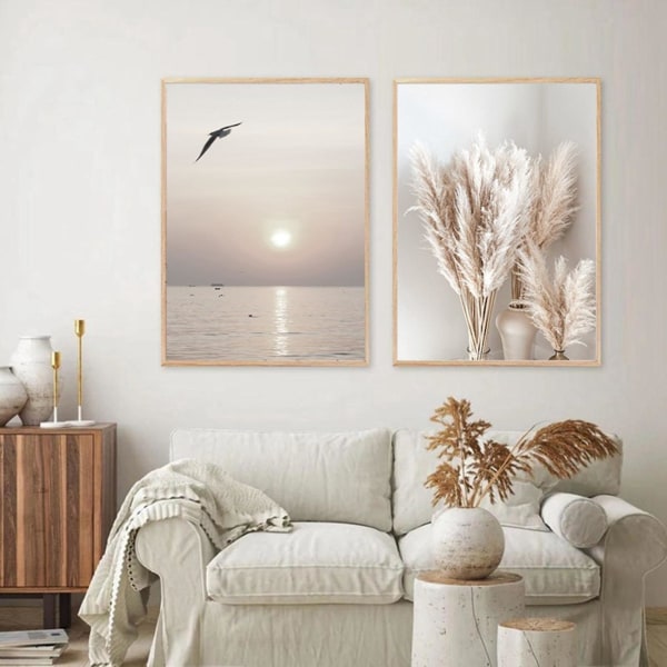 3 stk Beige Grass Sunset Beach Palm Tree Lerretmaleri Nordiske Plakater Og Trykk Veggbilder For