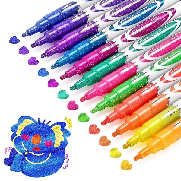 Glitter Markers Pen, 12 Akryyli Glitter Markers Paint Pens - Shimmer Marker, Fine Point vesipohjainen