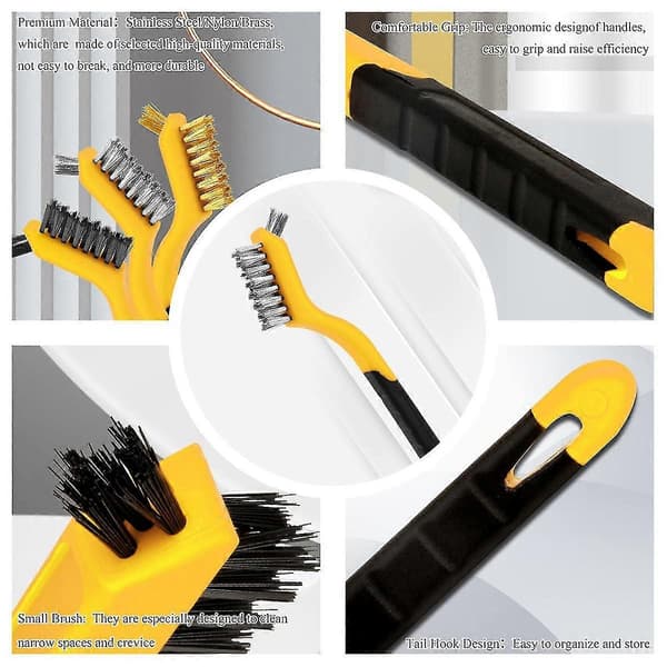 6 stk. Wire Brush Set Børstet Messing/Rustfritt Stål/Nylon Wire Børster For Rengjøring Med Krum