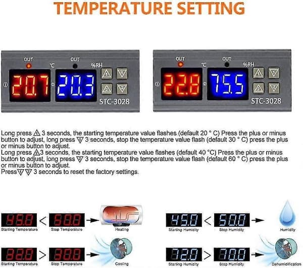 Luftfuktighetskontroller, Stc-3028 Temperaturkontroller med Intelligent Display for Fermentering Klekking 100-220v1stk)