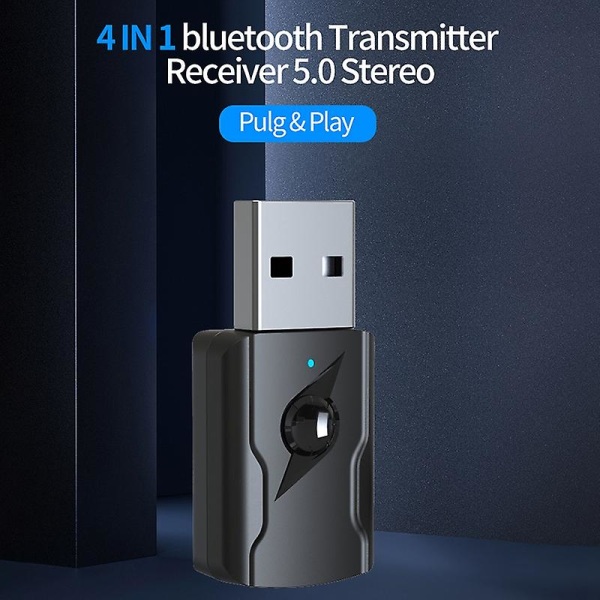 4-i-1 USB Bluetooth 5.0 Trådløs Sender/Mottaker 3,5 mm Aux Lydadapter for Bluetooth-høyttalere