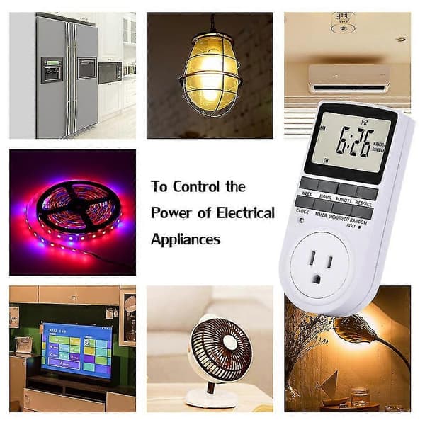 Pakke med 2 digitale plug-in timerstikkontakter, LCD-skjerm, 10 programmerbare koblingsprogrammer, 24 timer og 7 dager, energibesparende timerstikkontakt for elektriske apparater