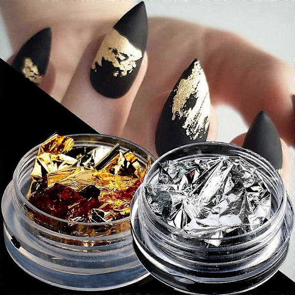 Nagelfolie Nagelkonst Flakes, 2 Lådor Guld och Silver Nagelkonst Folie Stickers Designer Nagelkonst Tillbehör Manikyr Tips Accessoarer Paillette Nagelfolie Gl