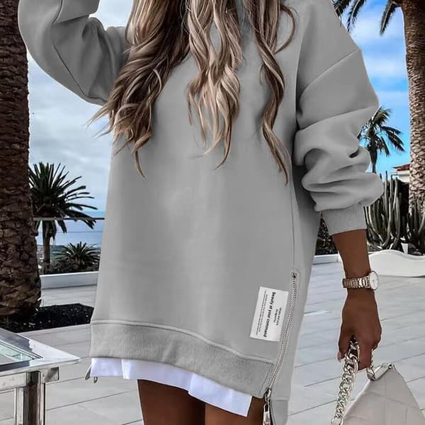 ChicMe 2025 Langermet Pullover-genser med glidelås og splitt, avslappet kjole, drop shoulder, oversized antrekk for kvinner Gary S