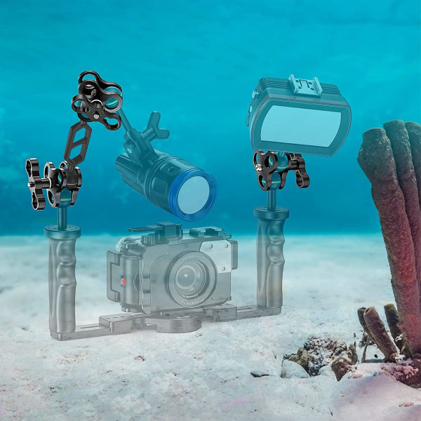 Alumiiniseoksesta valmistettu sukellusvalo taskulamppu kaksoispallonivelvarsi ja 1 set perhospidikepidikepidike vedenalaiseen valokuvauskameraan