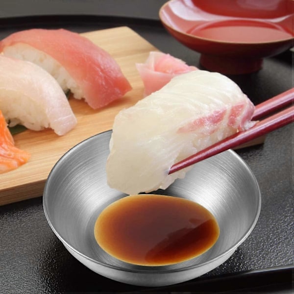 SBSG 6 stk. saucer i rustfrit stål, krydderiskåle, krydderiskåle, dyppeskåle, serveringsskåle, sushi sojaskåle, sølvfarvet