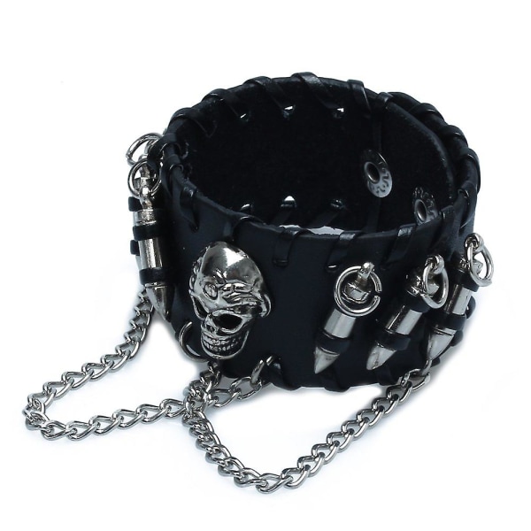 Svart Gothic Pu Leather Skull Chain Armbånd Armbånd for menn