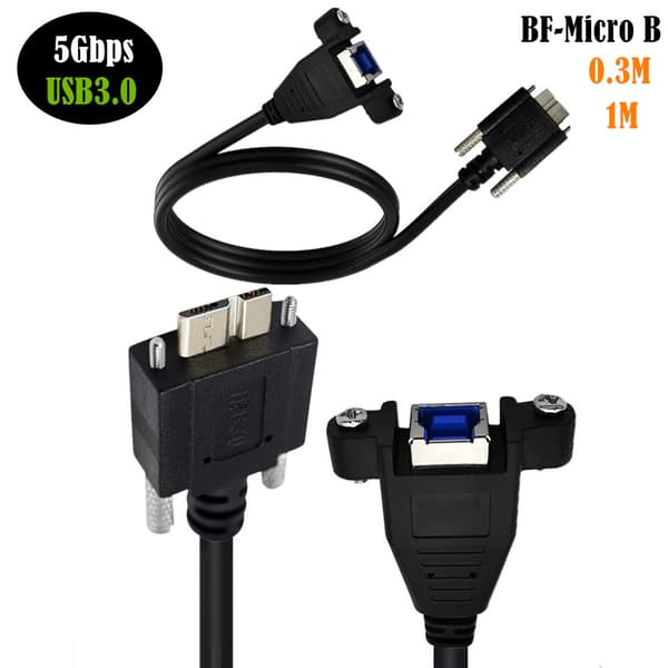 5Gbps nopeuksinen USB 3.0 -datakaapeli kiinnitysruuveilla, USB B naaras–micro B uros -adapterikaapeli.