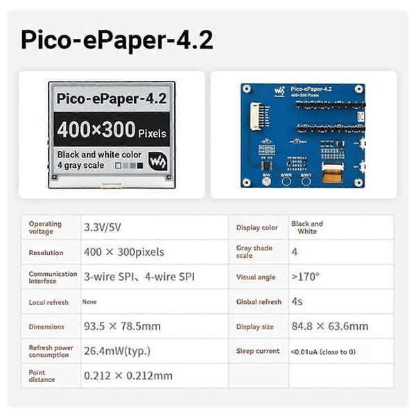 4,2 tum E-papperskärm E-bläckdisplay SPI-gränssnitt Svart-vit 400x300 för Pico-serien