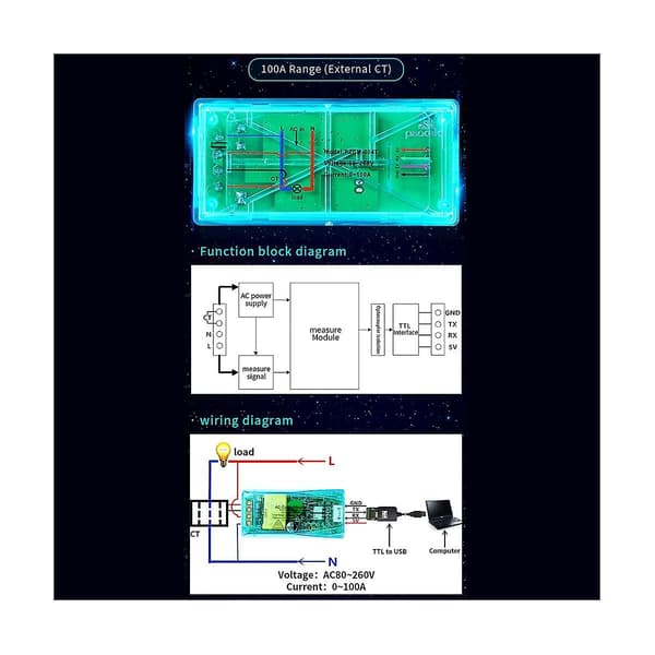 100A PZEM-004T 3.0 Wattmeter + Lukket CT + TTL til USB-kabel kWh-måler Volt Amp Testmodul for TTL Com2/