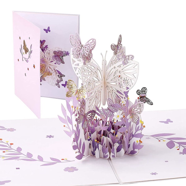 2x Lila fjärilsfödelsedag Popup-kort, Butterfly Flower Basket 3d gratulationskort för kvinnor Tjej D