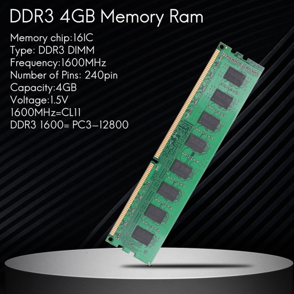 DDR3 4GB RAM-muisti PC3-12800 1,5V 1600Mhz 240-nastainen työpöytämuisti DIMM puskuroimaton ja ei-ECC D:lle
