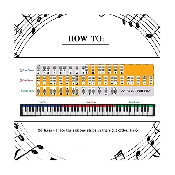Löstagbar pianoklaviaturnotetikett, 88 tangenter Piano Not Guide och Piano Key Guide, (svart)