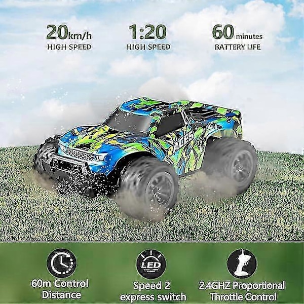 RC Fjärrstyrd Bil för Barn, 1:20 Offroad RC Bil med 60 Minuters Lektid, 2.4 GHz 20 km/h Monstertruck Leksak med 2 Batterier för Pojkar Flickor från 3 År
