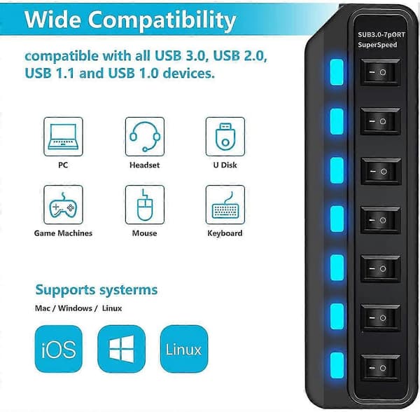 USB hub 3.0 7-ports data hub USB splitter med individuelle kontakter