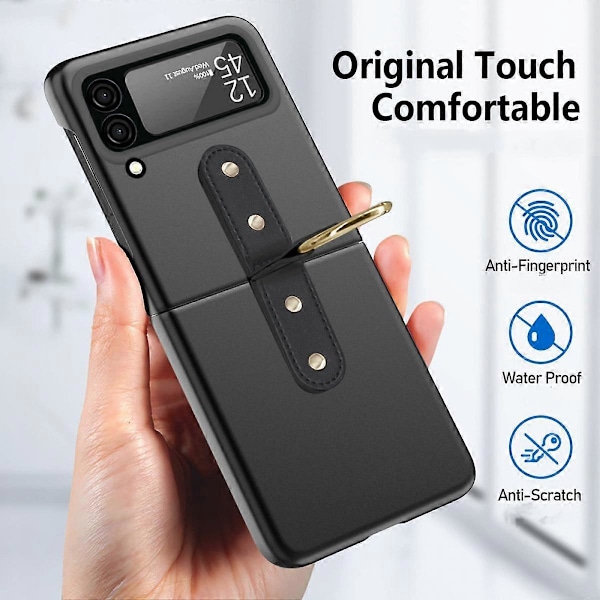 Etui til Samsung Galaxy Z Flip 4 med ringholder & glasskamerafilm, sklisikker matt hard PC-beskyttende telefondeksel