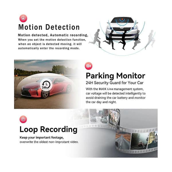 3 Kamera Linse Bil DVR 3-Kanals Dash Cam HD 1080P Front og Bag Indvendig Dashcam Videooptager Nat