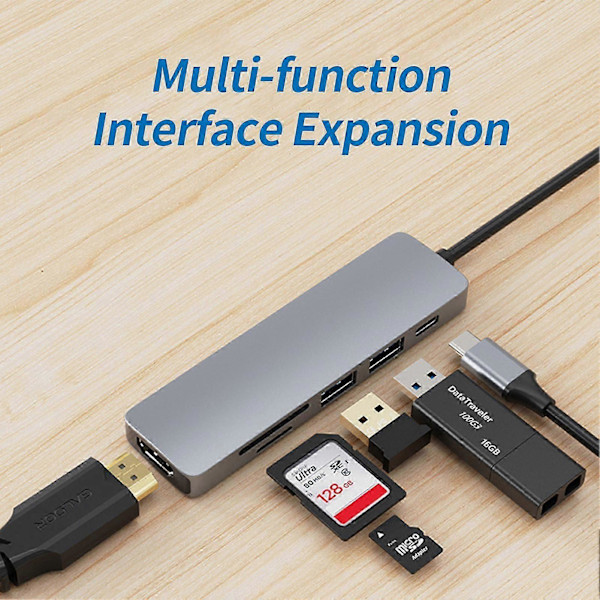 Dockningsstation Höghastighetsöverföring Laddning Plug Play Typ-C HDMI-kompatibel 4K USB3.0 6 i 1 Hub Splitter för Kontor