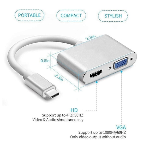 Type C USB C til VGA HDMI-kompatibel Adapter 2 i 1 Bærbar Konverter Dockingstation til Computer