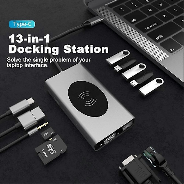 Type-C - HDMI-yhteensopiva VGA PD 3,5 mm:n audioliitäntä RJ45-keskitin langaton lataustelakka-adapteri