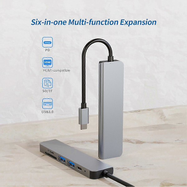 Dockningsstation Höghastighetsöverföring Laddning Plug Play Typ-C HDMI-kompatibel 4K USB3.0 6 i 1 Hub Splitter för Kontor