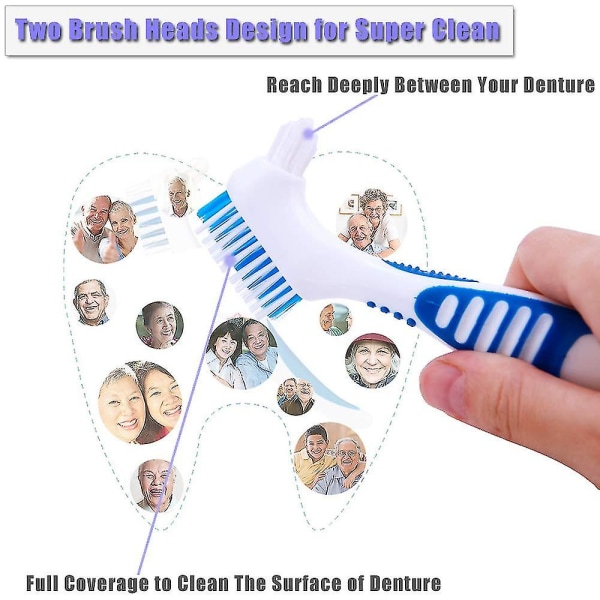 Pakkaa 4 hammasproteesiharjaa kaksipuolisilla hammasproteesien puhdistusharjaspäillä hammasproteesien hoitoon