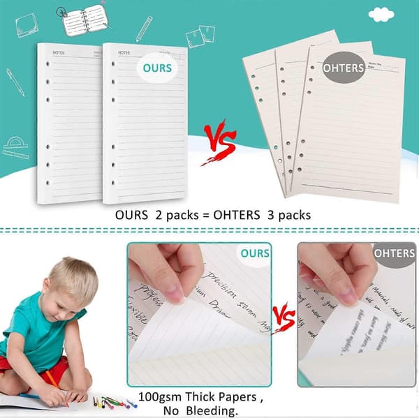 A6 Refill Papir 80 Sider A6 Løst Papir 6 Huller Notesbog Refill til 6 Ring Refillable Binder Notesbog Planner