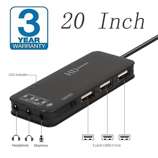 Ny USB 2.0 Hub Stereo USB Lydadapter med Stereo Miksing Adapter 3 Port Bærbar Svart