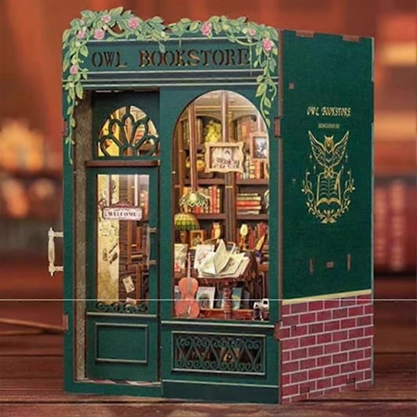 DIY Boghjørne Ugle Boghandel Kit, 3D Træpuslespil Bogstøtte til Bogreol Dekoration, med Lys Model Kits til Voksne