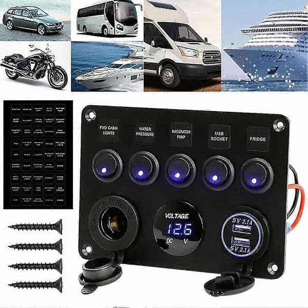 Vanntett Marine Båt LED 5 Vippebryter USB Voltmeter Strømuttak Panel