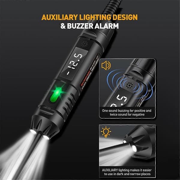 Kredsløbstester med buzzer, 3-72V DC digital LED-testlampe med voltmeter, autolystester med belysning