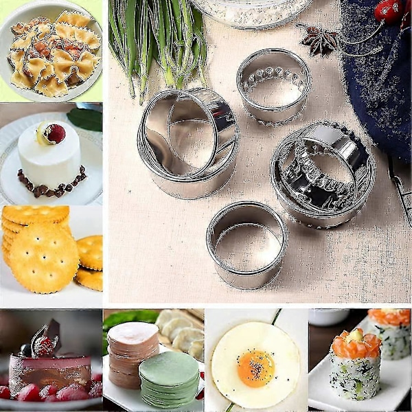 Kageudstikkersæt i rustfrit stål, runde udstikkere med flad og riflet kant til kagedej