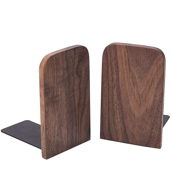 2pcs Wooden Bookends With Metal Base Heavy Duty Black Walnut Book Stand With Anti-skid Dots For Off