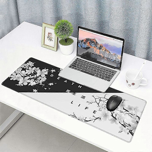 Svart og hvit gaming musematte, stor musematte skrivebordsmatte, sydde kanter musematte, 80 x 30 cm