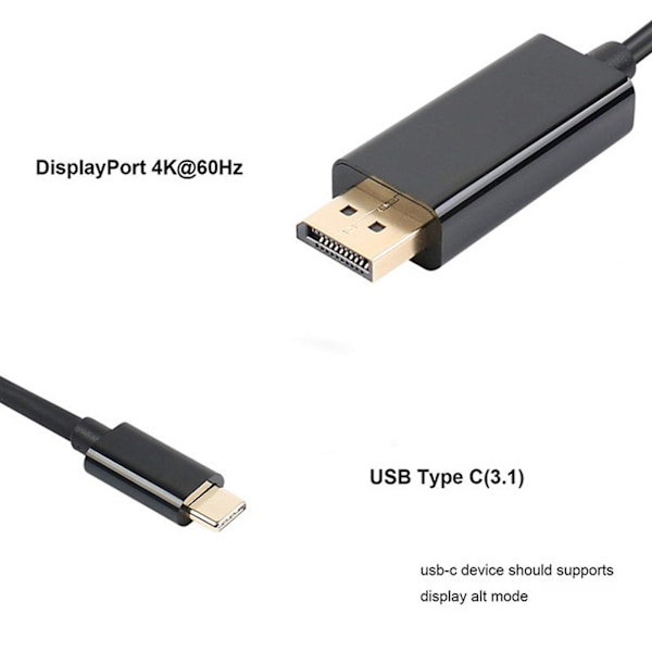 1,8 m Type-C - DP/HDMI-yhteensopiva kaapeli, tukee 4K@60Hz korkeaa resoluutiota, musta PVC USB 3.1 DisplayPort-muuntimen sovitinkaapeli tietokoneen lisävaruste