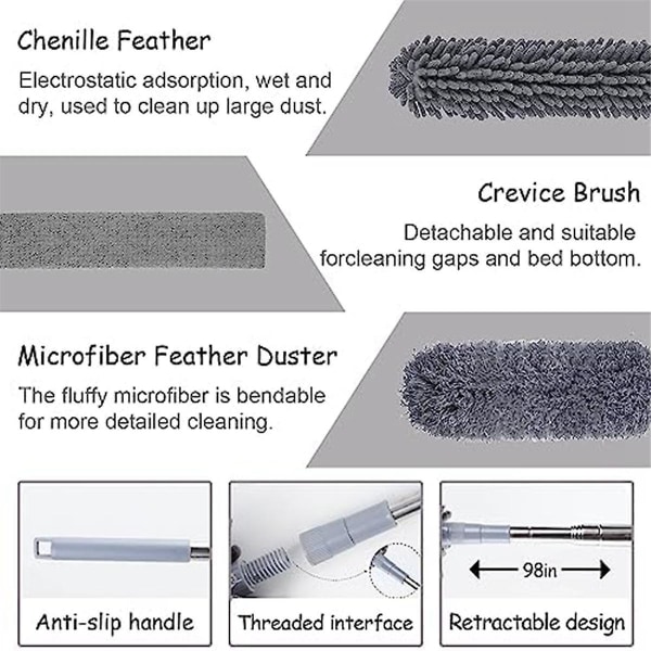 4 stk Mikrofiber Støvsuger Sæt Med Forlængelsesstang 30-110 Tommer Til Højt Loft Til Rengøring Af Spindelvæv