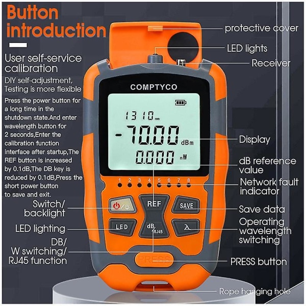 COMPTYCO Mini Optisk Effektmeter AUA-M7 OPM Fiberoptisk Kabeltester -70dBm~+10dBm SC/FC/ST Universal grensesnittkontakt