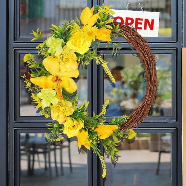 Gul blomma dörrkrans konstgjord handgjord krans vår ytterdörr dekor Säsongsdörr för M