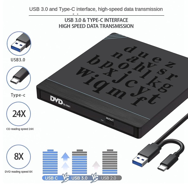 7 In1 Usb 3.0 Type-c Dvd CD Rom Disk Drive Player Brenner Rewriter Med SD-kortleser og USB-porter